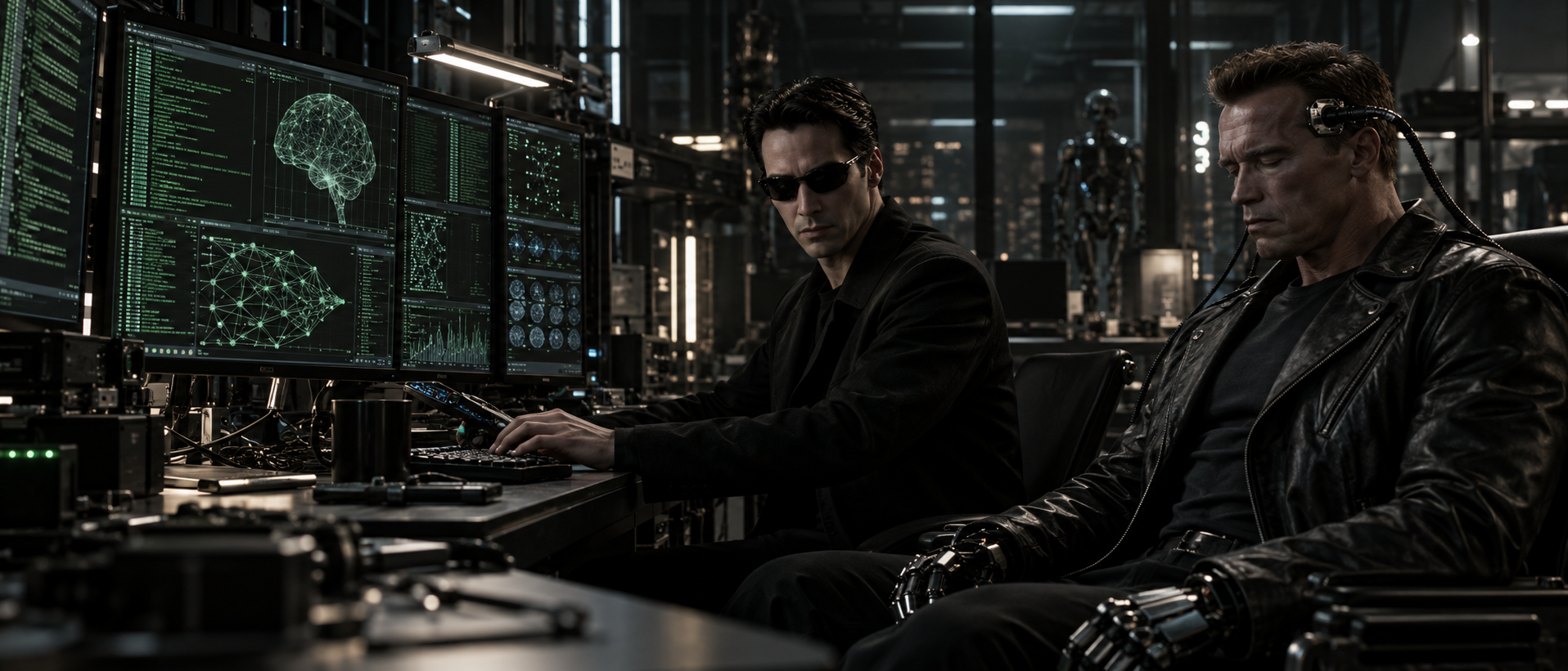 Neo programmiert neuronale Netze neben einem ruhenden, verbundenen Terminator